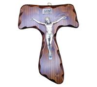 FIDES RELIGIOUS Croce Tau da Parete - Artigianale Made in Italy Cristo e INRI Placcati Argento 999 - Crocifissi da Parete in Legno, Cura e Precisione dei dettagli di Gesù Crocifisso - 28x22cm