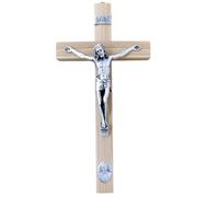 FIDES RELIGIOUS Crocifisso da Parete Papa Francesco, Artigianale Made in Italy - Papa Francais, Cristo e INRI Placcati Argento 999 - Legno, Cura e Precisione dettagli Gesù 30,5x15cm (Marrone Chiaro)