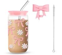 FIDWALL Bicchiere 16oz/500ml in vetro con coperchio e cannuccia, Tazza estetica con fiocco per iced coffee, matcha, smoothie - Bicchiere vetro con cannuccia, stile glass girl per donne e ragazze