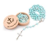 FIDWALL Il mio primo rosario con scatola dei ricordi, per battesimo e baby shower, per bambine e ragazzi, perline per preghiera cristiana per la prima comunione cattolica (blu)