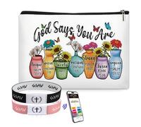 FIDWALL - Set di 2 braccialetti con versi biblici e borsa per il trucco ispiratrice (nero e rosa) con scritta in lingua inglese "Dio dice che sei pouch", incoraggiamento quotidiano cristiano per donne