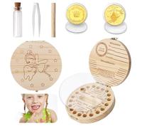 FIDWALL Set di monete per denti da latte e fata dei denti, scatola dentata in legno per ragazze e ragazzi, scatola per denti da latte con contenitore per riccioli di capelli, monete per fata dei