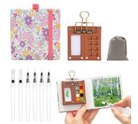 FIDWALL Set Mini Acquerelli da Viaggio - Tavolozza in Legno, Sketchbook Floreale, 6 Pennelli con Serbatoio, Sacca in Tessuto - Portatile per Pittura, Regalo, Viaggi, Principianti (Rosa)