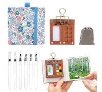 FIDWALL Set Mini Acquerelli da Viaggio - Tavolozza in Legno, Sketchbook Floreale, 6 Pennelli con Serbatoio, Sacca in Tessuto - Portatile per Pittura, Regalo, Viaggi, Principianti (Blu)