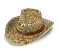 fiebig Cappello di Paglia Australiano per Donna e Uomo | Cappello da Cowboy in Paglia | Cappello Occidentale con Fascia in Finta Pelle | Cappello da Sole per la Primavera e L'Estate (58-L)