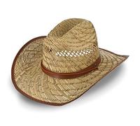 fiebig Cappello western in paglia per uomo e donna | Cappello da cowboy arioso con sottogola | Cappello di paglia con cinturino in ecopelle | Cappello da sole con fascia per sudore e orlo sulla tesa,