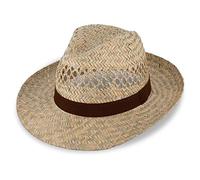 fiebig Fedora Cappello di Paglia con Nastro Marrone | Cappello da Sole per Uomo e Donna | Cappello Bogart Made in Italy | Cappello Estivo a Tesa Larga in Colore Naturale (59-L)