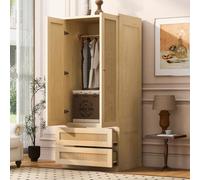 Fiednoy Armadio color legno con effetto rattan e doppie ante | Armadio con cassetti e ripiani, moderno armadio alto per camera da letto e corridoio, 70 x 55 x 170 cm