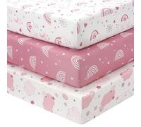 FIEMOL Lenzuola con Angoli per Culla Mini per Bambina, 3-Pack di Lenzuola con Angoli Elastici Rosa Arcobaleno in Microfibra Morbida per Culla Portabile 38”x26” per Lettino e Materasso Pack N Play, 3