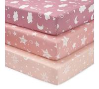 FIEMOL Lenzuola per mini culla per bambine, portatili Graco Pack e lenzuola da gioco con angoli per materassi da 96,5 x 66 cm, confezione da 3 in morbida microfibra rosa con stelle