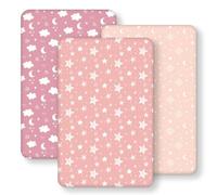 FIEMOL Lenzuolo con angoli elasticizzati per bambini, 55 x 90 cm, 3 pezzi, in microfibra, ultra sottile e liscio come la seta, rosa con stelle e luna