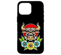 Fierce Bull Nose Ring Flowers Tradizionale Flash Tattoo Custodia per iPhone 16 Pro Max