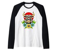 Fierce Bull Nose Ring Flowers Tradizionale Flash Tattoo Maglia con Maniche Raglan