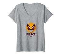 Fierce Leo: Arte Zodiacale del Leone Geometrico per i Fan dell'astrologia Maglietta con Collo a V, Donna, Grigio Melange, L