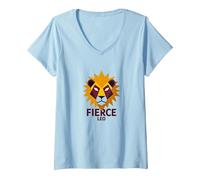 Fierce Leo: Arte Zodiacale del Leone Geometrico per i Fan dell'astrologia Maglietta con Collo a V, Donna, Celeste, L