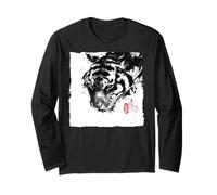 Fierce Tiger Face Giapponese Sumi-e Ink Wash Painting Maglia a Manica
