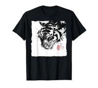 Fierce Tiger Face Giapponese Sumi-e Ink Wash Painting Maglietta