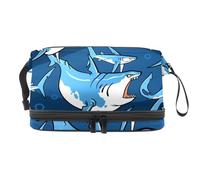 Fiercely Sharks on Dark Blue - Trousse per cosmetici a doppio strato, per donne e ragazze, borsa da viaggio per trucchi, pratica borsa organizer con scomparto per pennelli, Multi, 27x15x14