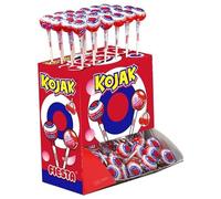 Fiesta Sucette Kojak fourrée Bubble Gum Cerise. Boite présentoir de 100