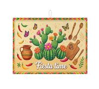 Fiesta Time, tappetino scolapiatti per bancone della cucina, tappetino scolapiatti assorbente, motivo floreale con cactus, in microfibra, stile rustico estivo, 45,7 x 61 cm