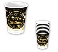 FIESTAS GUIRCA | 6 Bicchieri Usa e Getta Happy Birthday (240 ml) (9 cm) - Decorazione per Tavola per Compleanni e Celebrazioni - Ideali per Feste di Compleanno e Eventi Speciali - Nero, Oro, Bianco