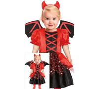 FIESTAS GUIRCA Adorabile costume da diavolo per neonato - Costume per bambino comprensivo di vestito da diavolo rosso con glitter e corna da diavolo per bambina - Età 12-18 mesi