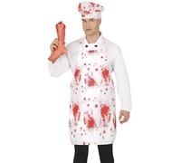 FIESTAS GUIRCA | Berretto e Grembiule con Sangue Finto (55x70 cm) - Accessorio per Costume da Cuoco per Halloween e Feste Horror - Adulto Unisex - Bianco e Rosso