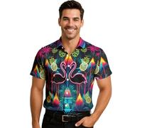 FIESTAS GUIRCA | Camicia Fenicotteri Neon Multicolore (52-54/L) - Abbigliamento da Festa per Uomo Adulto - Ideale per Celebrazioni Estive, Lauree e Feste a Tema Flamenco - Multicolore