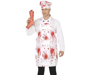 FIESTAS GUIRCA | Cappello e grembiule con sangue falso (55x70 cm) - Accessorio per costume da cuoco per Halloween e feste horror - Adulto Unisex - Bianco e Rosso