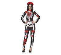 FIESTAS GUIRCA Costume Catrina - Tuta Lunga Con Stampa Scheletro, Fiori E Gioielli Per Donna Adulta Taglia M 42-44