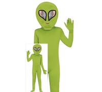 FIESTAS GUIRCA Costume da alieno verde per ragazzi e ragazze - Costume da extraterrestre con testa di alieno, tuta, guanti - Costumi di Halloween per bambini dai 10 ai 12 anni