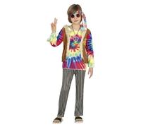 FIESTAS GUIRCA Costume da Bambino Hippie - Completo Infantile Anni 70 con Camicia Multicolore Tie-Dye, Gilet e Pantaloni per Bambini di 10-12 Anni