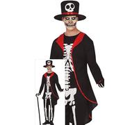FIESTAS GUIRCA Costume da cavaliere fantasmale, elegante scheletro, da uomo, con cappello a tazza, giacca, camicia e pantaloni a scheletro - costumi di Halloween da uomo, taglia adulto L