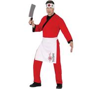 FIESTAS GUIRCA | Costume da Chef di Sushi (52-54/L) - Kimono, Pantaloni e Grembiule - Costumi da Cuoco per Carnevale, Halloween e Feste in Maschera - Ideale per Uomo Adulto - Rosso e Bianco