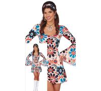 FIESTAS GUIRCA Costume da Donna da Hippie a Fiori - Abito Corto da Hippie Anni '70 con Motivo Floreale e Fascia per Capelli Hippie - Costumi da Discoteca da Donna Anni '60 Taglia L