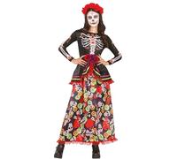 FIESTAS GUIRCA Costume da Donna per il Giorno dei Morti - Abito lungo con stampa di teschi e fascia a fiori - Costumi di Halloween per donne taglia adolescenti 14-16 anni