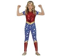 FIESTAS GUIRCA Costume da Eroina Stella Bambina - Completo Infantile da Ragazza Meraviglia con Tuta in Rosso Metallizzato, Blu e Dorato per Bambine di 10-12 Anni