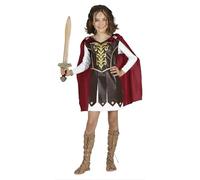FIESTAS GUIRCA Costume da Gladiatrice Bambina - Vestito con Decorazioni Dorate e Mantello Rosso per Bambine di 7-9 Anni