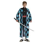 FIESTAS GUIRCA Costume da Guerriero Adolescente - Kimono Azzurro e Nero Stile Manga per Adolescenti di 14-16 Anni