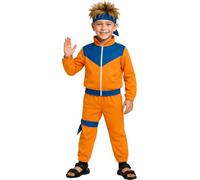FIESTAS GUIRCA Costume da Ninja Stile Manga Bambino - Completo Infantile da Guerriero Giapponese con Tuta Ginnasta Arancione e Blu per Bambini di 10-12 Anni