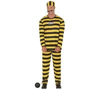 FIESTAS GUIRCA | Costume da Prigioniero Adulto - Maglietta, Cappello e Pantaloni - Costumi da Detenuto e Ladro per Halloween, Carnevale e Feste in Maschera - Ideale per Uomo - Nero e Giallo