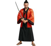 FIESTAS GUIRCA | Costume da Samurai Giapponese per Uomo (52-54/L) - Kimono, Abito e Cintura - Costumi da Guerriero Orientale per Halloween, Carnevale e Feste a Tema - Adulto - Rosso e Nero