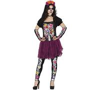 FIESTAS GUIRCA Costume da Scheletro con Fiori Giorno dei Morti - Include Vestito, Polsini e Leggins - Costume Halloween Donna Taglia 42-44 M