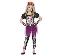 FIESTAS GUIRCA Costume da Scheletro Fiori - Abito con Tutù, Pantaloni e Guanti con Stampa di Fiori per Bambina 7-9 Anni