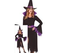 FIESTAS GUIRCA Costume da strega mistica da donna, con cappello da strega viola e nero, vestito con apertura sulla gamba e cintura - Costumi di Halloween da donna
