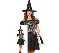 FIESTAS GUIRCA Costume da strega ragno brillante da donna, con cappello da strega e abito da strega nero con stampa a ragnatela, costume di Halloween da donna, taglia M