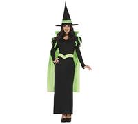 FIESTAS GUIRCA Costume da strega verde - Abito lungo nero con mantello e cappello da strega - Costume Halloween donna taglia 38-40 M