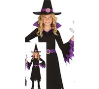 FIESTAS GUIRCA Costume da strega viola per ragazze - Incluso cappello da strega e vestito da strega nero e viola - Costumi di Halloween per ragazze età 7-9 anni