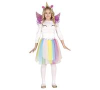 FIESTAS GUIRCA Costume da Unicorno Arcobaleno con Ali - Completo Infantile Bambina Include Vestito con Tutù Multicolore, Diadema Unicorno Dorato, Ali Rosa per Bambine di 5-6 Anni
