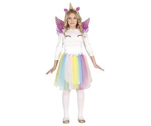 Fiestas Guirca Costume da Unicorno Arcobaleno con Ali - Completo Infantile Bambina Include Vestito con Tutù Multicolore, Diadema Unicorno Dorato, Ali Rosa per Bambine di 10-12 Anni